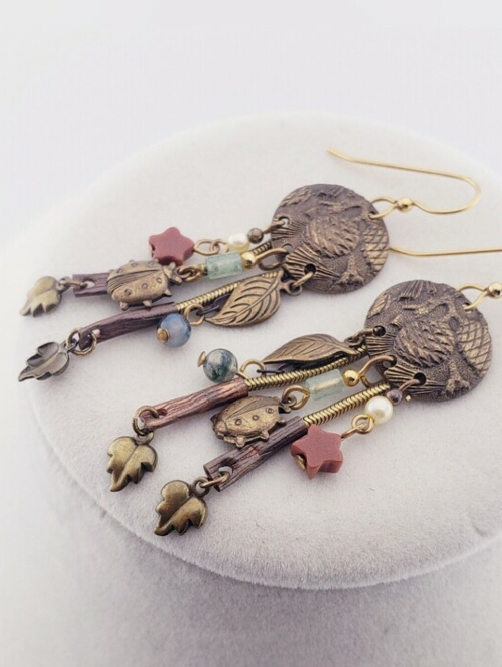 Boho Gemstone Charms Stars Leafs Bugs "Garden" Dangle Drop Earrings